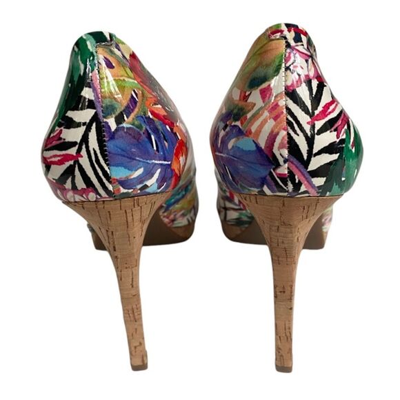 Jessica Simpson Dalyn Tropical Print Cork Heel Peep Toe Pumps Women’s 9.5 - Picture 5 of 10